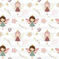 Seamless pattern with fairies and flowers. Fairy tale springtime background in pastel colors. Cartoon patterns. vector