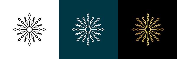 Snowflake circular pattern. Symmetrical circular graphic for logotype. Color black, white, gold. Isolated design element for themes abstract geometrical modern decoration round logo template. vector