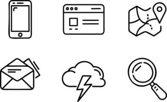 Simple Line Mobile, Email, Map, Website, Thunder Bolt, Magnifier Icons Representing Essential Digital Communication and Services vector