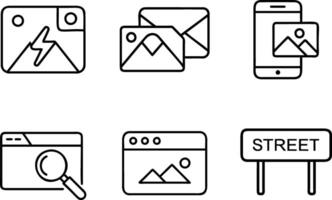 This image showcases a collection of simple, black line phone, Email, Website, Street, Magnifier, Thunder Bolt icons vector
