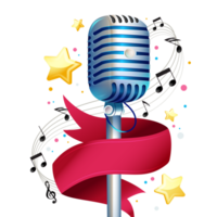 Retro microphone with red ribbon and music notes png