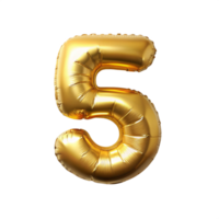 3D Golden Balloon in the shape of number five isolated on transparent background png