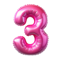 3D pink Balloon in the shape of number three isolated on transparent background png