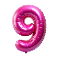 3D pink Balloon in the shape of number nine isolated on transparent background png