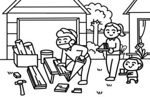 A man is doing carpentry work coloring pages style. vector