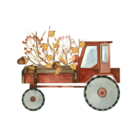 Red garden tractor with a body, with autumn leaves, berries and bare tree branches in the body. All objects are hand-drawn with watercolors. Watercolor illustration. For printing on fabric, paper png