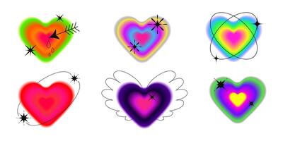 Set of six colorful neon gradient hearts with glowing effects, sparkles, and abstract elements on a white background. Illustration in Y2K aesthetic. Love and Valentine's Day concept. vector