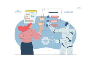 Document management or data management with robots or AI, Data checklist, Innovation development, Businesswoman working with artificial intelligence, illustration of flat design. vector