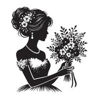 silhouette of a bride with a bouquet white background vector