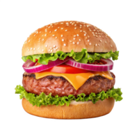 hamburger with cheese, lettuce and onions on a bun png