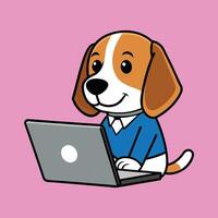 Cute Beagle Working on Laptop Color Background vector