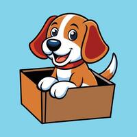 Cute Beagle Playing in Box Cartoon Color Background vector