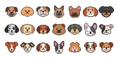 Pixel art different type of dog faces in retro style vector