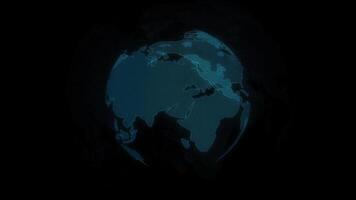 Digital dotted planet earth loop animation isolated on a black background. Rotating stylized world globe with glowing particle dots. Big data technology, business, communication, or digital concept video