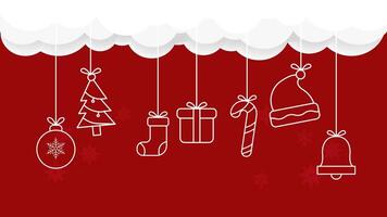 Christmas Animation with 3D Clouds and Hanging Ornaments on Red Background video