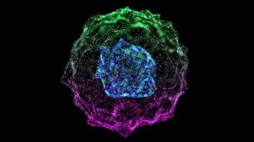 Luminous Particle Sphere with Blue Core and Green-Purple Outer Layers video