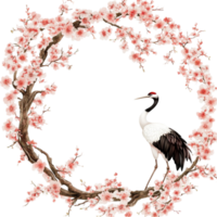 Cranes and Cherry Blossoms in Circular Frame png