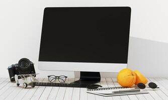 Modern workspace featuring an pc, a camera, a model airplane, glasses, a notebook, pen, and fresh oranges on a wooden desk. Clean and creative. 3d rendering. photo