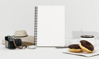 Morning travel inspiration with coffee, donuts, a camera, and a blank notebook ready for creative ideas. Perfect for journaling or planning. 3d rendering. photo