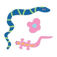 Colorful reptile illustration with a blue snake, pink salamander, and flower. A playful and exotic design for nature and rainforest-themed concepts vector