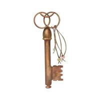 Watercolor vintage antique bronze key with with string illustration. Shabby rusty texture element, rope with beads with hand drawn composition for Valentine day, wedding card, retro design vector
