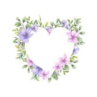 Blue pink flowers with leaves frame in heart shape illustration. Spring wildflowers, green eucalyptus foliage Valentine day composition with empty space for text. For greeting cards, invitation vector