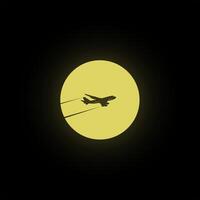 A silhouette of an airplane with a yellow moon in the background vector