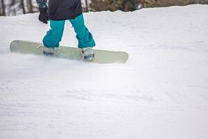 Close-Up of snowboarder in action on the snow photo