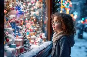 Pretty little girl child looking at the window of a toy store on the eve of Christmas photo