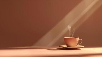 Steaming Cup of Coffee in Warm Sunlight Against a Brown Background photo