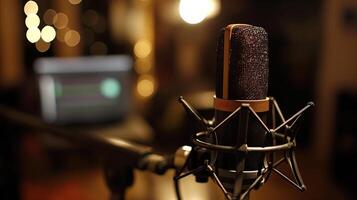 Microphone Set Against Laptop Background, Ready for an Engaging Podcast Recording photo