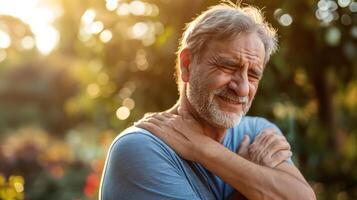 Elderly Man Suffering from Shoulder Tendon Injury photo