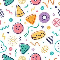 seamless pattern with colorful cartoon characters and food vector