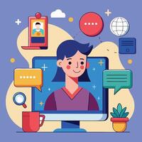 a woman is sitting in front of a computer with chat bubbles around her vector