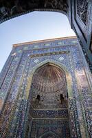 Samarkand, Uzbekistan-august 13, 2023-Particular of Shakhi Zinda necropolis, a famous mausoleum complex in Samarkand . photo