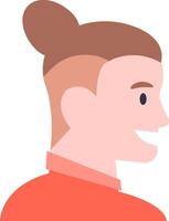 Profile of a smiling man showcasing a modern bun hairstyle, wearing a vibrant red shirt, radiating style and positivity with a cheerful expression and confident demeanor vector