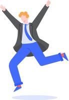 Happy businessman in suit running and celebrating success with arms raised, expressing joy and enthusiasm for achieving goals or winning business deal vector