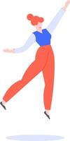 Happy businesswoman with red hair wearing a blue vest and red trousers is jumping and celebrating success with arms up in a white background vector