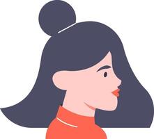 Minimalist illustration representing the profile of a female character with long dark hair tied in a bun, wearing a red turtleneck, useful for avatars or social media vector