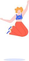Energetic young woman jumping with arms raised, expressing joy, freedom, and happiness, isolated on white background, perfect for concepts related to celebration, achievement, and positive emotions vector