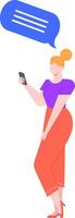 Office worker holding mobile phone and sending a text message or voice note, chatting online with colleagues and friends using instant messaging app vector