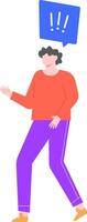 Casual dressed young man is gesturing with his hand and showing exclamation points in a speech bubble, expressing surprise, warning, or excitement vector