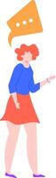 Businesswoman gesturing and thinking with a speech bubble containing three dots above her head, symbolizing communication, ideas, and innovation in a business context vector