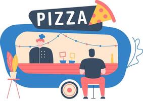 Chef serving a customer ordering pizza at a food truck selling takeaway food decorated with string lights and a slice of pizza, promoting street food and small business vector