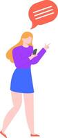 Businesswoman walking and using smartphone with speech bubble showing message, sending or receiving text message, online chat, social media notification, mobile application, communication concept vector