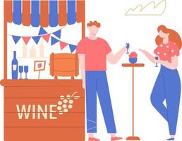 Man and woman meeting at a wooden wine stall, enjoying glasses of wine and engaging in lively conversation while soaking up the vibrant atmosphere of a local street food market vector