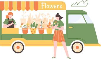 Florist operating a customized van, selling vibrant flowers while a satisfied customer walks away, happily holding a beautiful bouquet after a delightful shopping experience vector