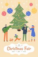 People enjoying christmas time at the christmas fair, buying a christmas tree, eating and drinking, with hanging colorful christmas balls and a kid running with his dog vector