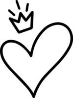 Simple, charming line art depicts a heart wearing a crown, symbolizing the reign of love, perfect for Valentine's Day, anniversaries, or any celebration of affection and commitment vector
