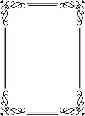 Elegant black rectangular border with decorative swirls in the corners framing an empty white space, ideal for certificates, invitations or announcements